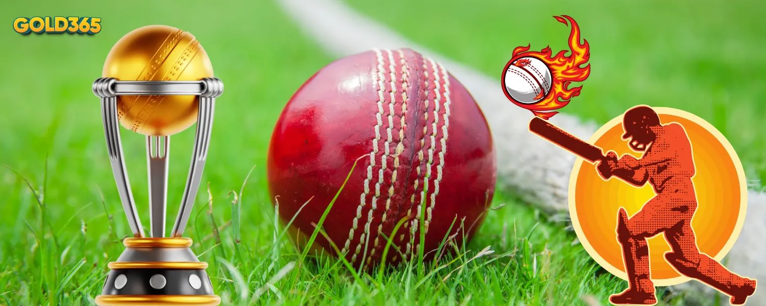 Cricket player playing a shot with trophy and ball, highlighting cricket betting excitement on Gold365Play