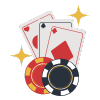 Three playing cards with varied suits and two gaming coins, representing casino games on Gold365Play.