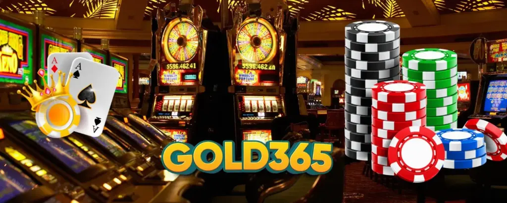 Casino room background with roulette wheels, Ace cards and player coin on the left, and a pile of player coins on the right, representing immersive casino gaming on Gold365Play.