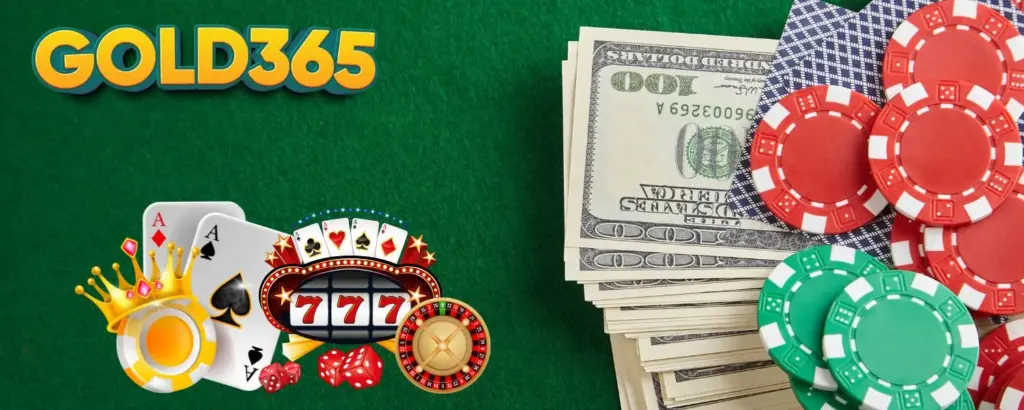 Casino-themed collage featuring player coin, Ace cards, triple 7, dice, roulette wheel, dollar bills, playing cards, and player tokens, showcasing diverse betting games on Gold365Play.