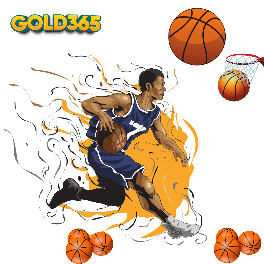Basketball player in blue jersey driving to the hoop with ball in hand and another ball dropping through the basket, depicting intense basketball action on Gold365Play.