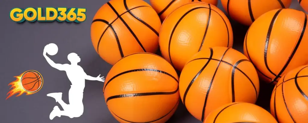 Basketball player aiming for a shot with multiple basketballs on the right, highlighting Gold365Play sports betting options.
