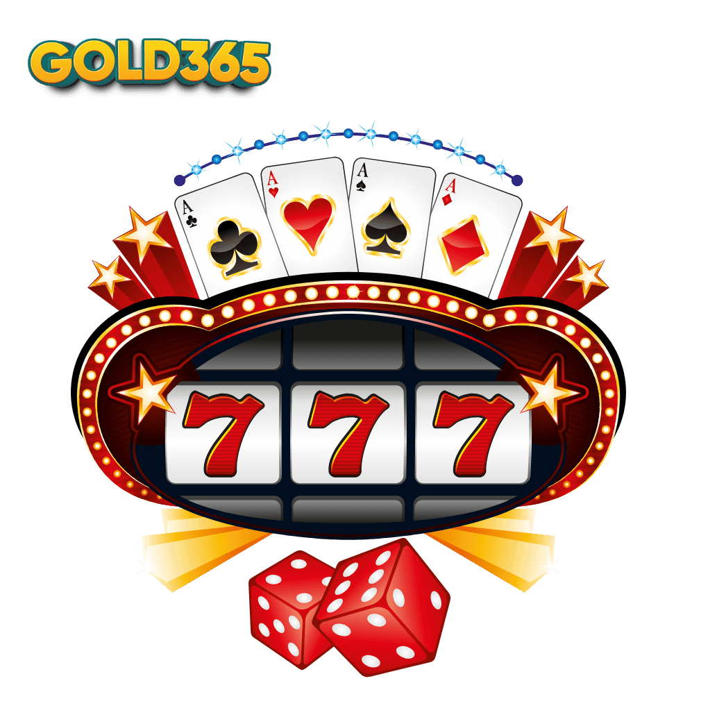 Four Ace cards, triple 7 slot icons, and two red dice representing classic casino games on Gold365Play.