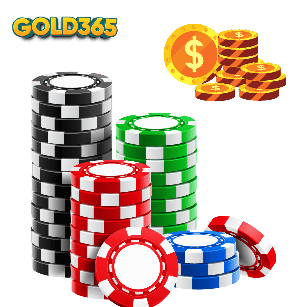 Pile of player coins with golden dollar-sign coins in the top right corner, symbolizing casino rewards on Gold365Play.