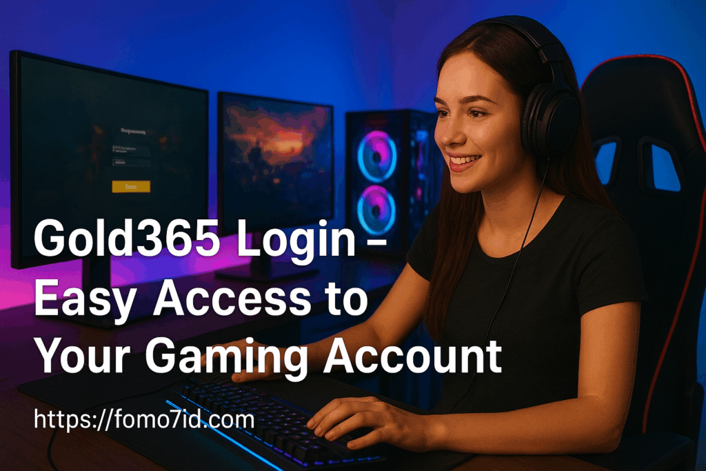 Beautiful young woman gaming on a computer with RGB lighting setup, showcasing Gold365 Login – Easy Access to Your Gaming Account with website link https://fomo7id.com