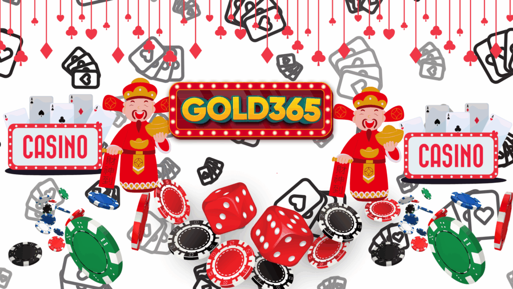 Gold365 Casino banner featuring colorful casino elements such as dice, poker chips, playing cards, and two cheerful mascots holding gold ingots, symbolizing luck and rewards.