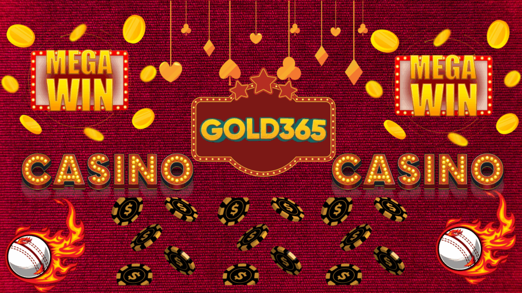 A vibrant red-themed promotional banner featuring the Gold365 logo at the center, surrounded by glowing casino elements such as “Mega Win” signs, gold coins, poker chips, and flaming cricket balls.