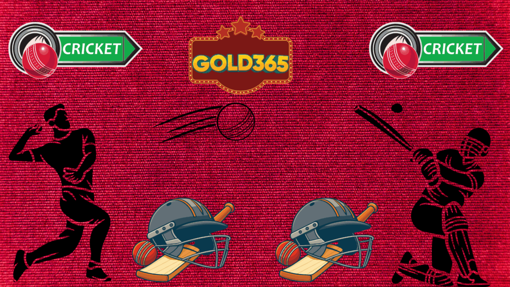 A cricket-themed Gold365 graphic featuring a red textured background, cricket icons, batsman and bowler silhouettes, cricket helmets with bats and balls, and the Gold365 logo at the center.