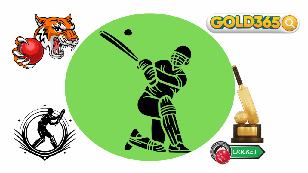 a roaring tiger holding a red ball, Gold365 logo, a golden bat and trophy, and additional cricket symbols.